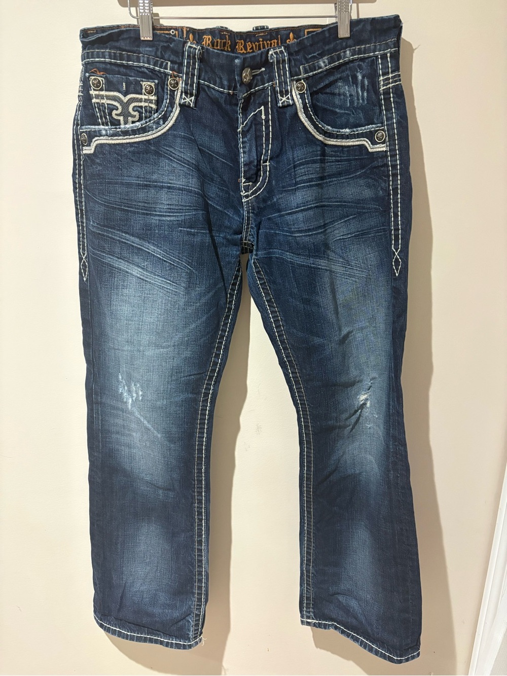 Rock Revival Men's Blue Washed Relaxed Jeans with Contrast Stitching
